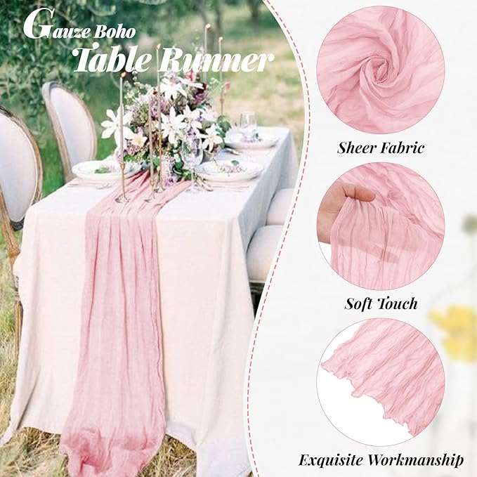 Aktor 6 Pack Pink Cheesecloth Table Runner 10Ft Gauze Table Runner Boho Semi Sheer Cheese Cloth Fabric Runners for Wedding Birthday Baby Shower Party Table Decoration（Pink）