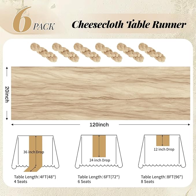Aktor 6 Pack Beige Cheesecloth Table Runner 10Ft Gauze Table Runner Boho Semi Sheer Cheese Cloth Fabric Runners for Wedding Birthday Baby Shower Party Table Decoration（Beige）