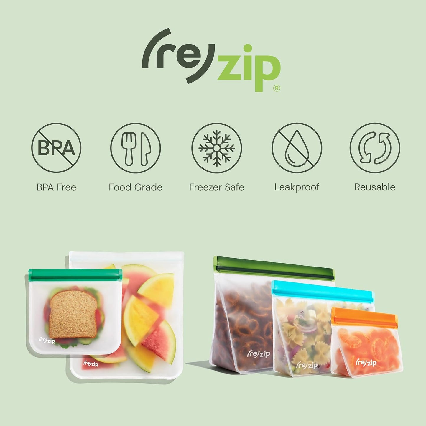 (re) zip 10-Pack Reusable Sandwich Lunch Bags | BPA-Free, Food Grade, Leakproof, Freezer Safe, Dishwasher Safe, Travel Friendly | 3.5 Cup / 28-Ounce | Aqua