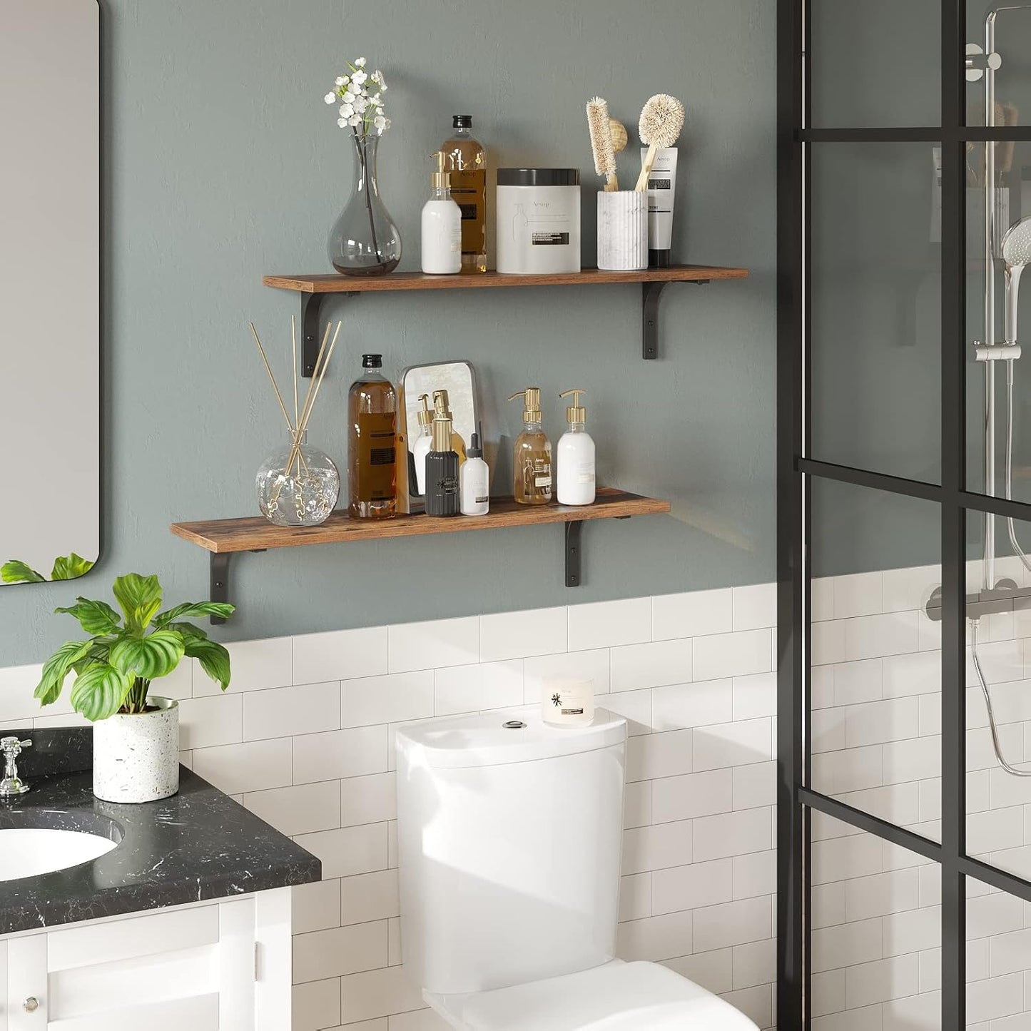 DINZI LVJ Long Wall Shelves, 31.5Inch Wall Mounted Shelves Set of 4, Extra Large Floating Storage Ledges with Sturdy Metal Brackets for Living Room, Bathroom, Bedroom, Kitchen, Rustic Brown