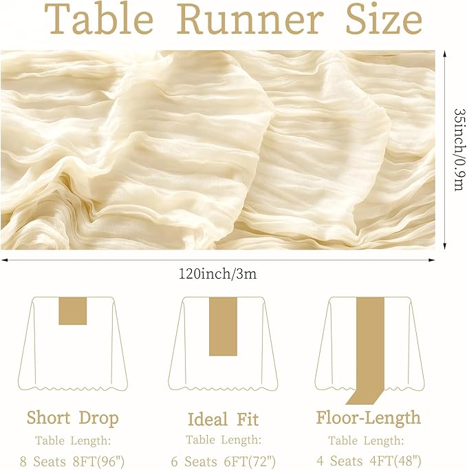 3 Pcs 35"×120" Beige Cheesecloth Table Runner, Cute Pleated Boho Gauze Rustic Sheer Translucent Runner, Table Decorations for Christmas Easter Wedding Baby Shower Birthday Holiday Home Decor