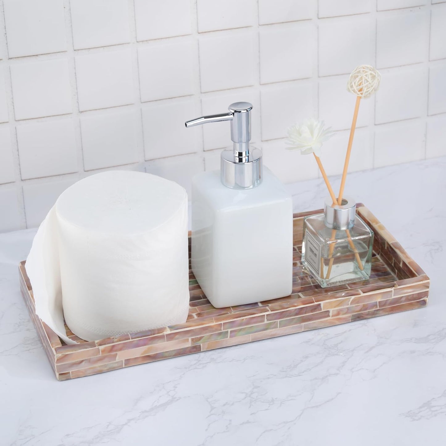 PEMAR Set of 2 Mother of Pearl Vanity Tray for Bathroom Counter, 11" Wooden Organisation Valet Tray for Perfume Makeup Bedroom Dresser Kitchen Sink Countertop Organizer, Toilet Tank (Brown Titles)