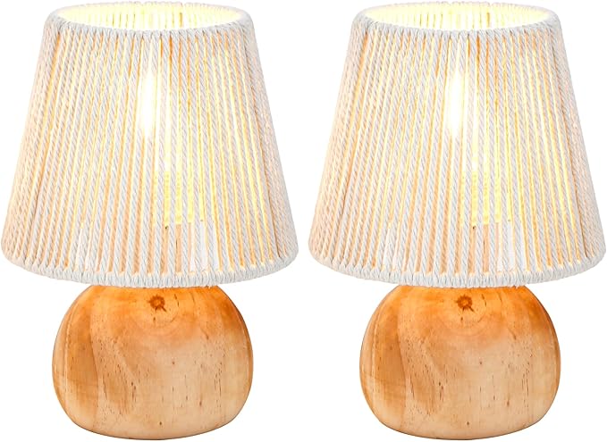 TRIROCKS Set of 2 Woven Cotton Rope Table Lamp - 8'' Tall Cordless Lamps with Wooden Base Boho Lamps Great for Living Room Bedroom Weddings Parties Patio Events
