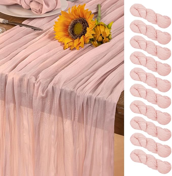 Pink Cheesecloth Table Runner 10 Pack Christmas Table Runners Boho Gauze 120 Inches Light Pink Cheese Cloth Table Decor for Xmas Holiday Season Wedding Bridal Girl Baby Shower Sweet 16 Party
