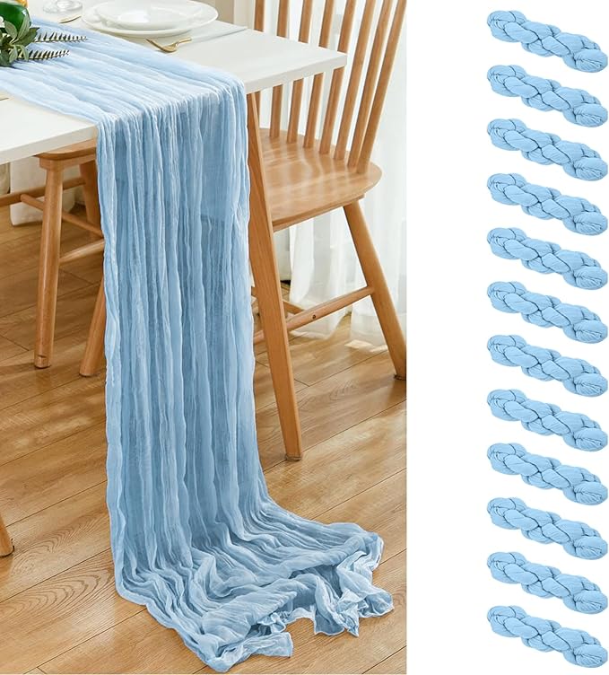 12 Pack Light Blue 10 Ft Cheesecloth Table Runner 21x120 Inch Boho Wrinkled Sheer Romantic Gauze Decor for Wedding, Bridal Shower, Birthday Party