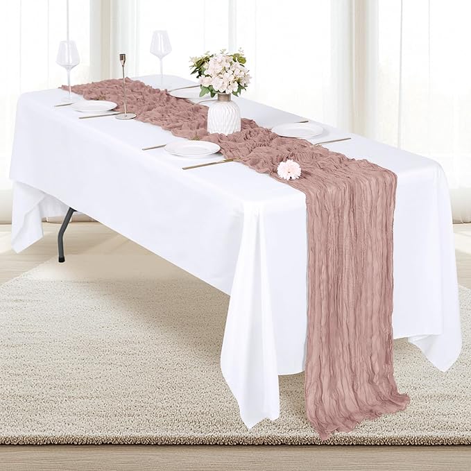 6 Pack Dusty Pink Cheesecloth Table Runner 17x108 Inch Semi Sheer Boho Gauze Cheese Cloth Fabric Table Runners, for Wedding Party Baby Shower Birthday Home Decor Garden Farmhouse