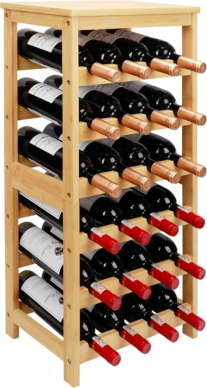 Wine Rack Free Standing Floor, 6-Tier 24 Bottles Display Wine Storage Shelves with Table Top, Easy-Assembly Freestanding Bamboo Wine Racks for Kitchen Dining Room Bar, Natural