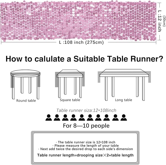 12 x 108 Inch Pink Sequin Table Runner Glitter Rectangle Big Sequin Table Runner for Wedding Party Birthday Christmas Halloween Decoration (1 Pack)