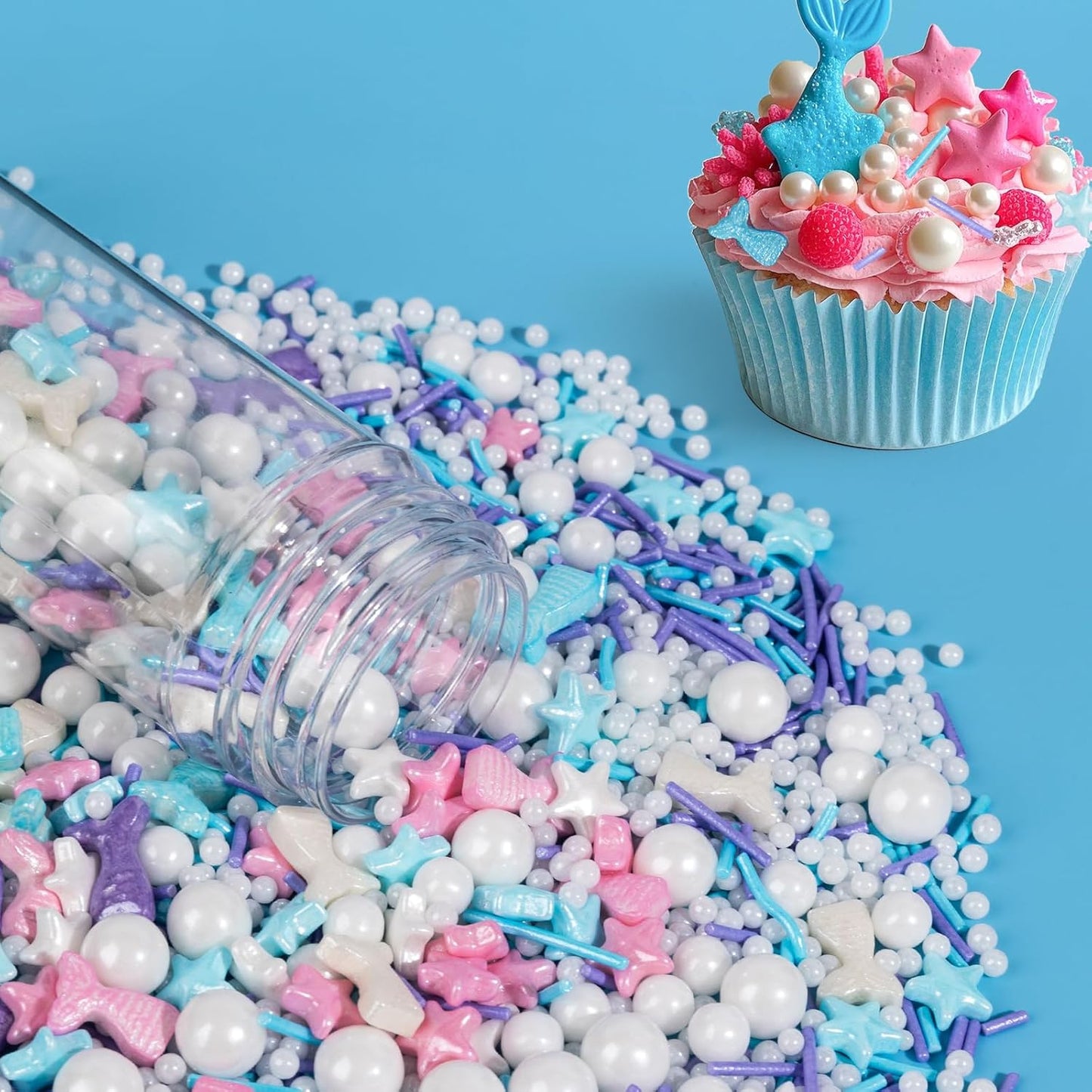 Mermaid Sprinkles,Edible Sugar Pearl Stars Jimmies Mix,130g/4.58oz,Pearl Candy Ocean Sprinkle for Cake Decorating,Summer Baking Fun Decorations,Perfect for Ice Cream,Cookies,Dessert,Donuts,Cupcake Topper,Birthday Children Party Supplies