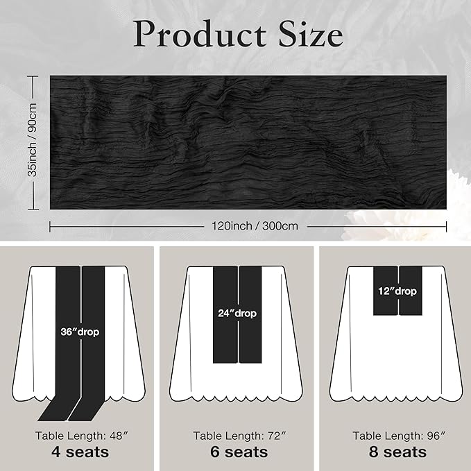 Leetaltree 10 Pack Black Cheesecloth Table Runner, 35x120 Inch Boho Rustic Cheese Cloth Table Runner, Decorative Table Runners for Bridal Baby Shower Decorations or Wedding Table Decorations