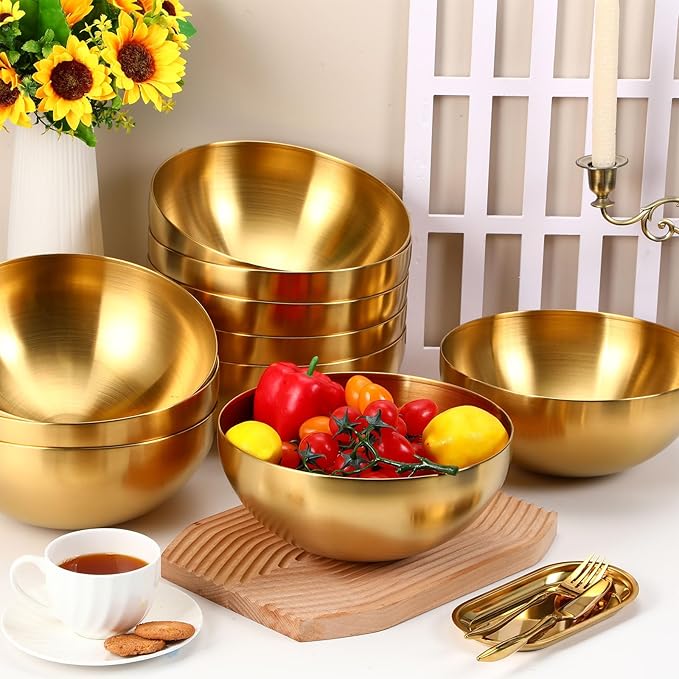 Nuogo 10 Pcs Stainless Steel Mixing Bowls Christmas Decorative Esthetician Bowls for Christmas First Holy Communion Wedding Baking Prepping Serving Facial Salad Fruit Candy(9.8 Inch,Gold)