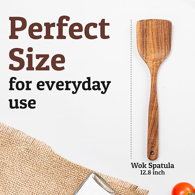 PriorityChef Wooden Wok Spatula - Teak Wood Stir Fry with Long Handle Wooden Spatula, Nonstick Safe and Hand-finished - Durable Cooking Utensil for Kitchen Use, Easy to Clean