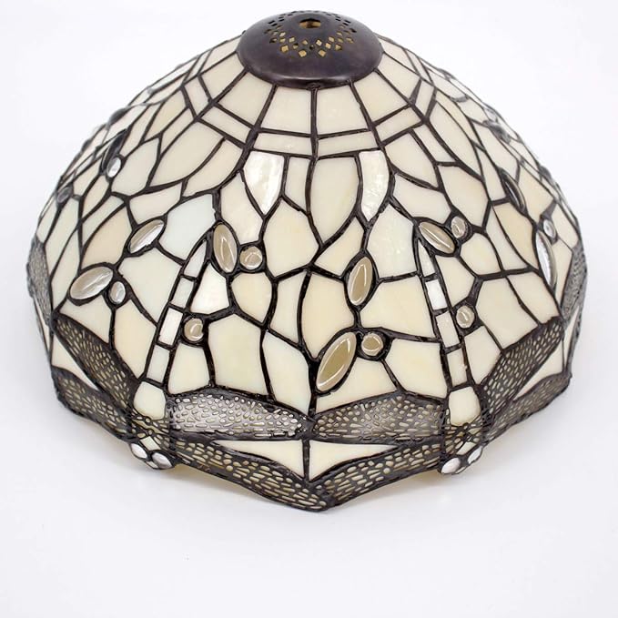 WERFACTORY Tiffany Lamp Cream Stained Glass Dragonfly Bedside Table Lamp Desk Reading Light 12X12X18 Inches Decor Bedroom Living Room Home Office S139 Series