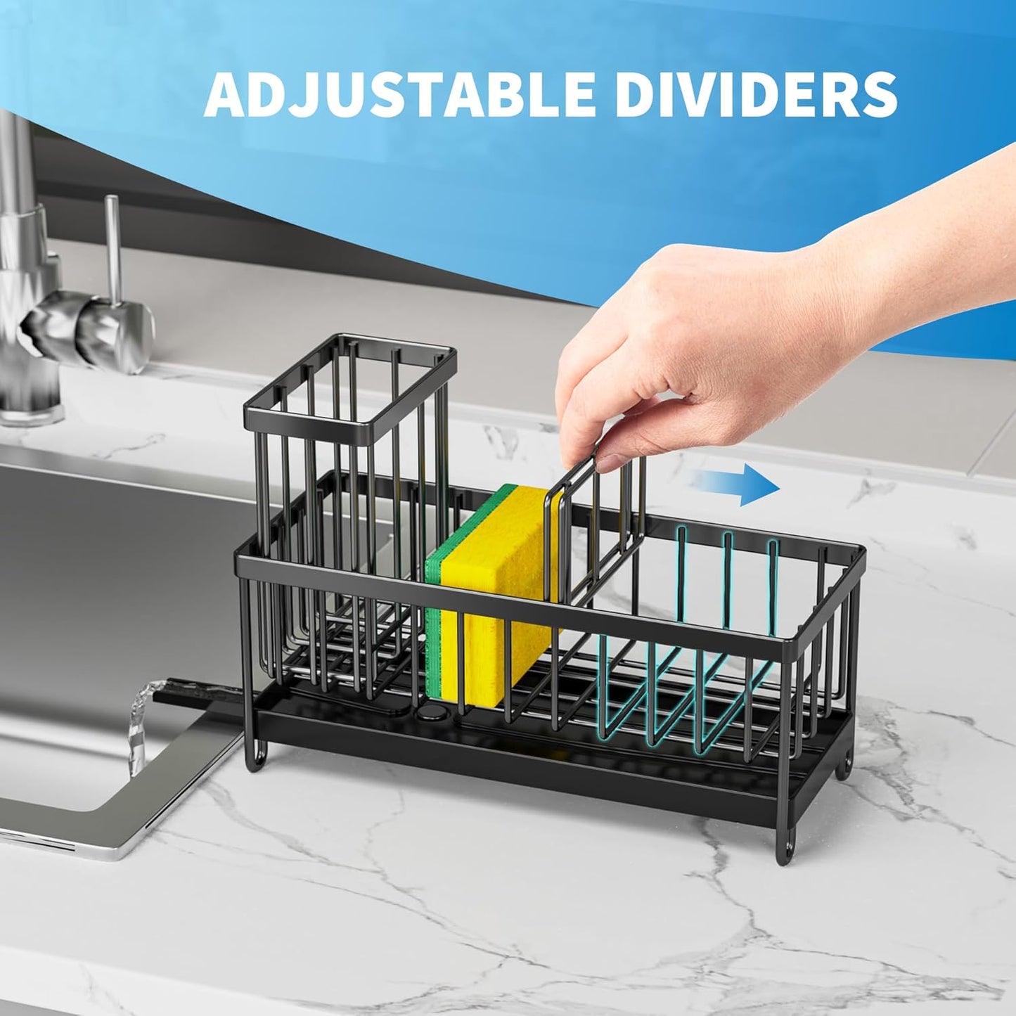 Cisily Black Sponge Holder for Kitchen Sink, Sink Caddy Organizer with High Brush Holder, Kitchen Countertop Organizers and Storage Essentials, Rustproof 304 Stainless Steel, Soap Dispenser Organize