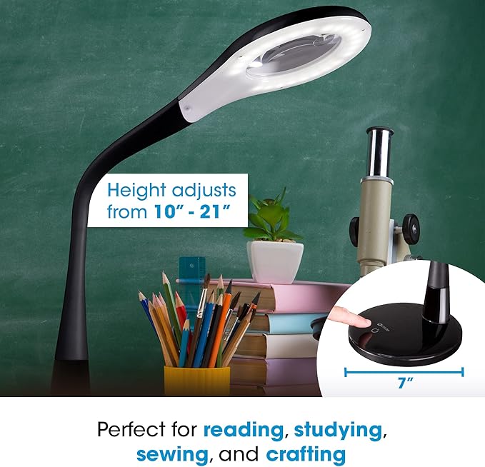OttLite LED Desk Lamp with Adjustable Magnifier, Prevention Series - Designed to Reduce Eyestrain - Adjustable Flexible Neck, 4 Brightness Settings & Touch Controls - Crafting, Reading & Studying