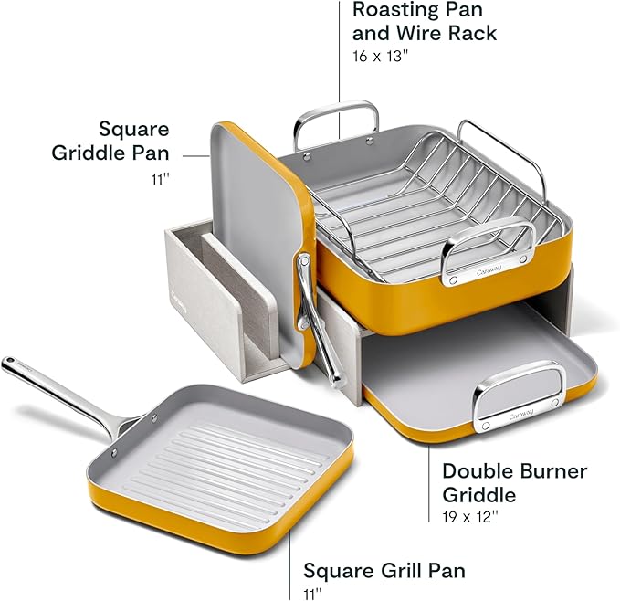 Caraway Square Cookware Set - Square Pans Set - Perfect for Griddling, Toasting, Searing, Roasting, and More - Non-Stick Ceramic Coated Pans - Non Toxic, PTFE & PFOA Free - Marigold