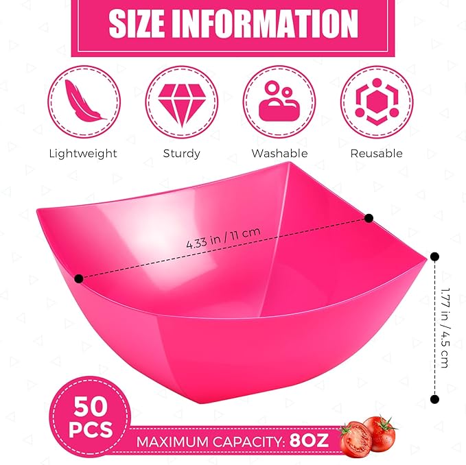 Tanlade 50 Pcs Square Plastic Serving Bowls Disposable Snack Salad Bowl Small Party Candy Bar Containers Taco Bar Serving Dishes for Buffet Chips Fruit(8 oz,Rose Red)