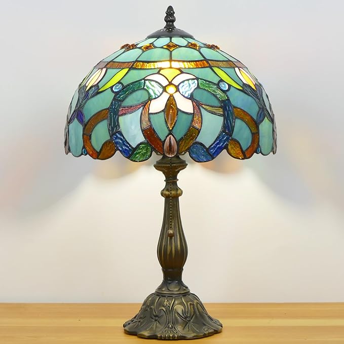 Tiffany Lamp Stained Glass Table Lamp Antique Bedside Reading Light W12H19 Inches (Sea Blue Baroque)