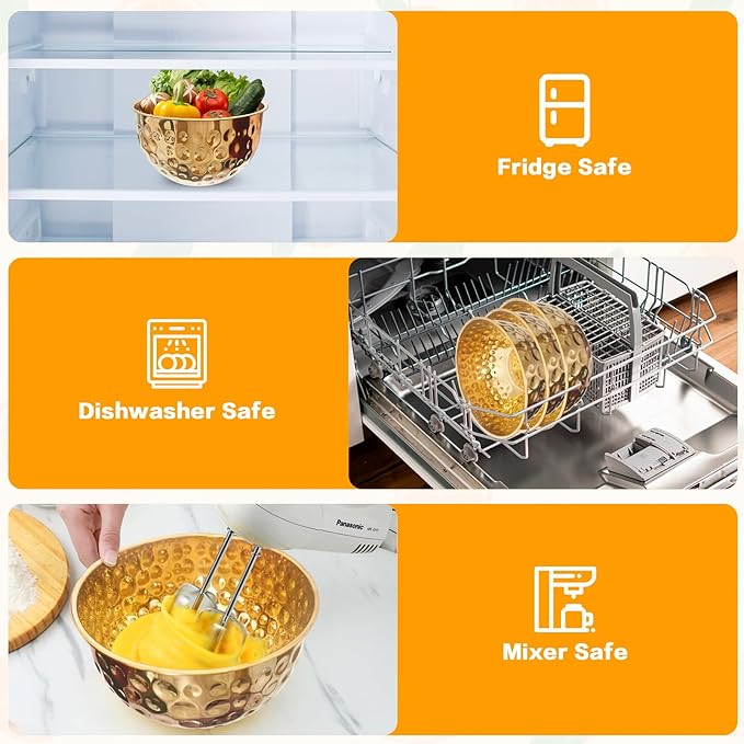 5-Piece Stainless Steel Mixing Bowls Set, Metal Hammered Gold Mixing Bowls for Kitchen, Cooking, Baking, Salad Prep, Food Storage, Reusable Nesting Design, 1.6-4.9 QT Capacity, Dishwasher Safe