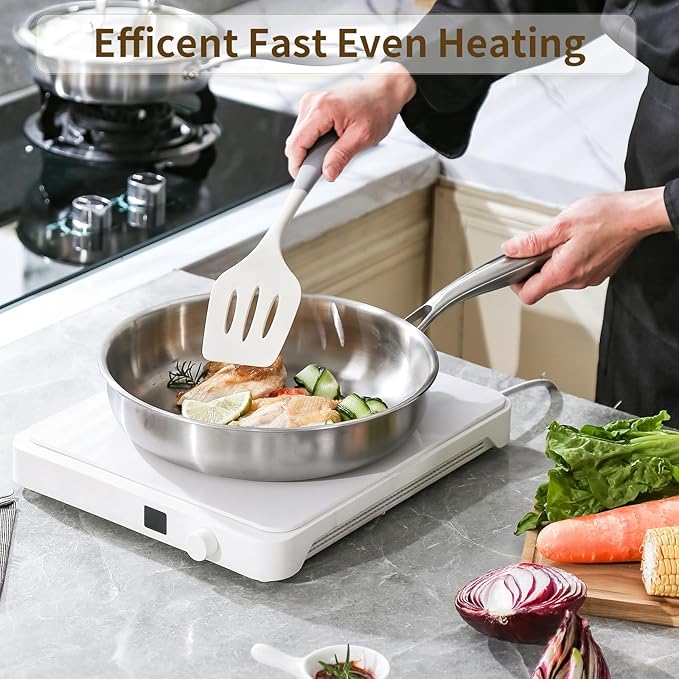 DELARLO Tri-Ply Stainless Steel Frying Pan, All Cooktops Compatible Up to 600℉, Oven Safe Induction Skillet, 12.5 inch Non toxic Cooking Surface, Fast & Even Heat, Durable Cookware