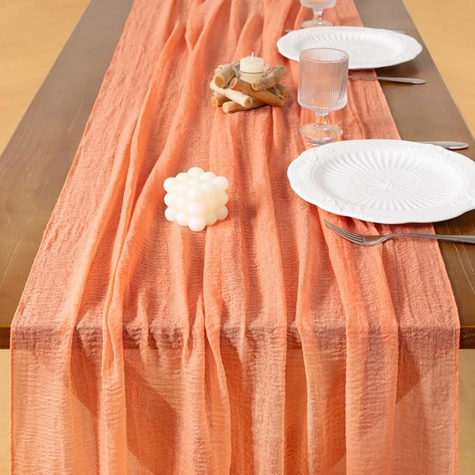 Socomi 3pcs Peach Orange Fall Thanksgiving Gauze Cheesecloth Table Runner 120 Inch Rustic Boho Cheese Cloth Runner for Wedding Party Baby Bridal Shower Centerpiece Decoration Holiday Home Decorations