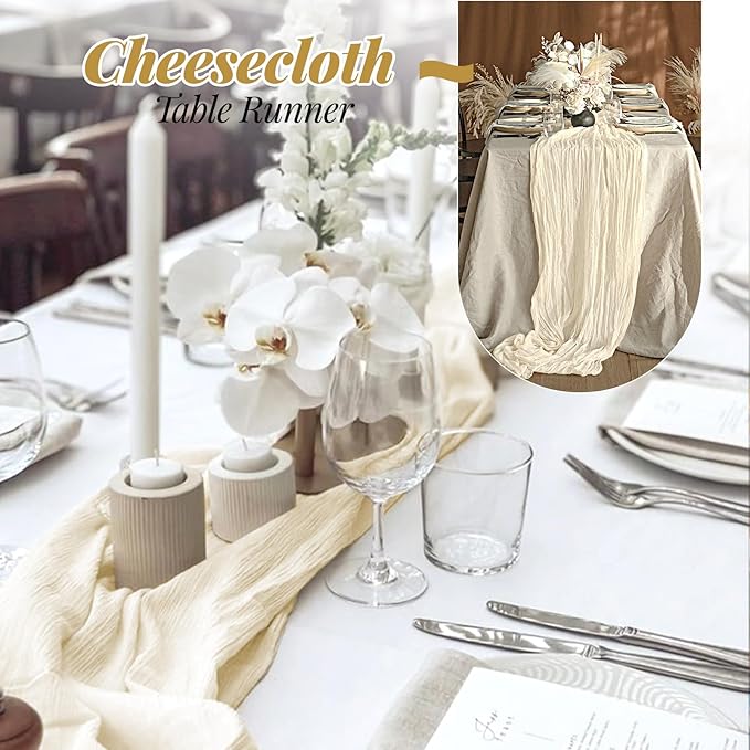 Aktor 12 Pack Ivory Cheesecloth Table Runner 10Ft Gauze Table Runner Boho Semi Sheer Cheese Cloth Fabric Runners for Wedding Birthday Baby Shower Party Table Decoration（Ivory）