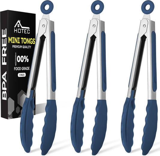 Hotec Mini Silicone Kitchen Tongs for Cooking - 7-Inch Small Serving Tongs with Silicone Tips, Set of 3 (Classic Blue)