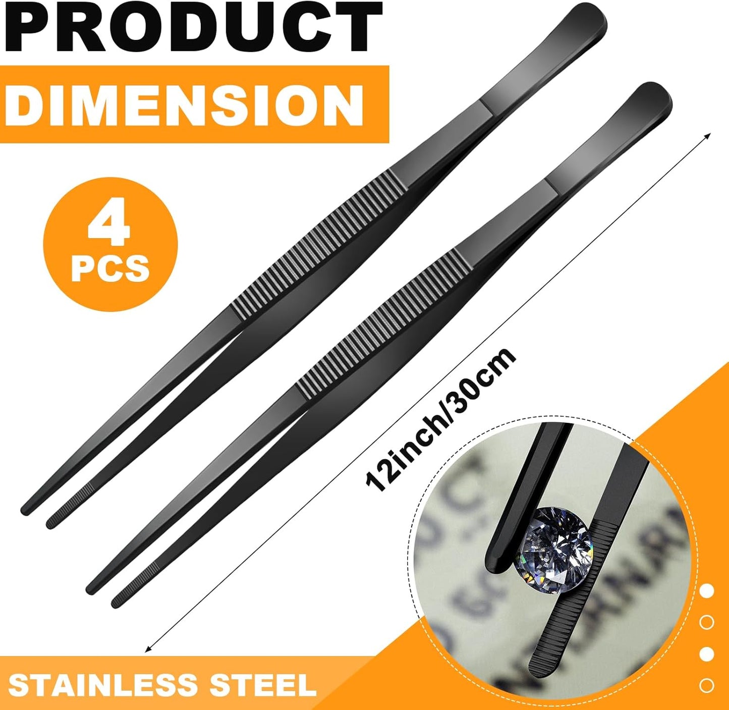 Yaomiao 4 Packs 12 Inch Bar Tweezers Black Long Garnish Tongs Stainless Steel Kitchen Cooking Tongs Tweezers for Food Cocktail Korean BBQ Bartender Chef, Multi-use