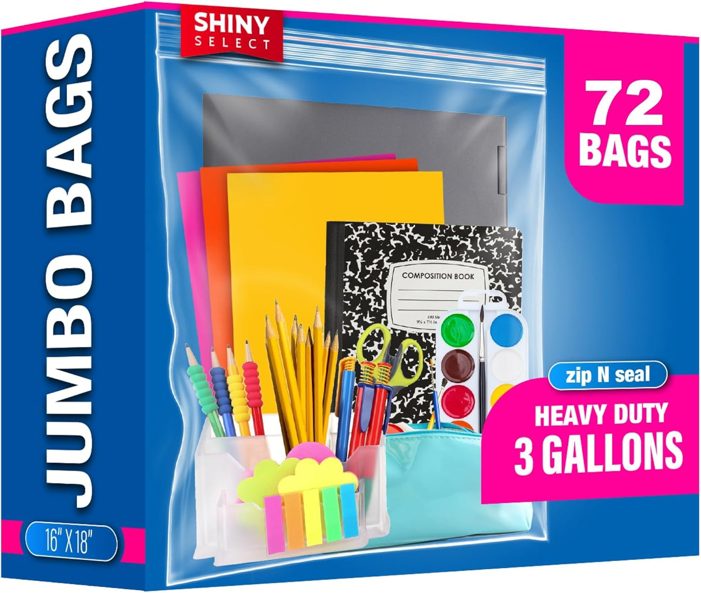 [ PACK OF 72 ] Large Resealable 3 Gallon Clear Reclosable Bags for Freezer, Brining, Food Storage, Bedding, Clothing, Organization, Moving, Packing or Travel 16" x 18" Jumbo Size