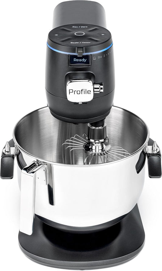 GE Profile Smart Stand Mixer, Built-In Smart Scale & Auto Sense Technology, 7qt Stainless Steel Bowl, 11 Speed, Includes Dough Hook, Beater, 11-Wire Whip, WiFi Connected, Carbon Black