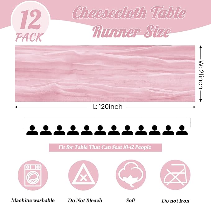 12 Pack Pink Table Runner 10FT Cheesecloth Table Runner 21 x 120 inch Boho Gauze Cheese Cloth Table Runner Rustic Sheer Table Runner for Party Wedding Bridal Baby Shower Birthday Table Decor