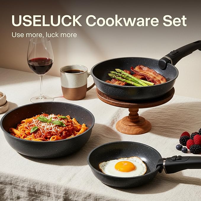Pots and Pans Set Non Stick, Ceramic Cookware Sets 21 PCS, Granite Induction RV Kitchen Portable Stackable Cooking Set Removable Handles, Dishwasher ＆ Oven Safe, Black