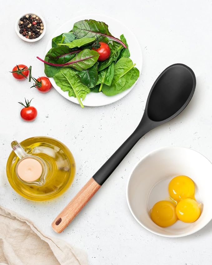 Large Silicone Cooking Spoons, Nonstick Solid Wooden Handle Spoon, Heat Resistan Silicone Kitchen Spoons for Cooking, Serving, Basting, Mixing, 13.2inch (Black)