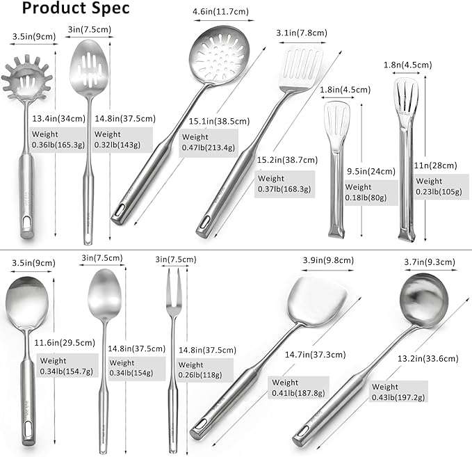304 18/10 Stainless Steel Kitchen Utensils Set 11 Pcs Long Cooking Utensil, Spatula, Soup spoon, Leaking shovel, Ladle, Tunner, Pasta Server, Meat Fork, Tongs Kitchen Tools Set