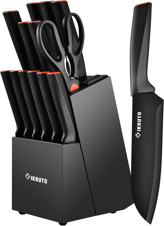 15-Piece Professional Kitchen Knife Set with Block – Built-in Sharpener, Anti-Slip Handles, Non-Slip Base – Effortless Cooking Tools for Chefs & Home Cooks (Black Red)