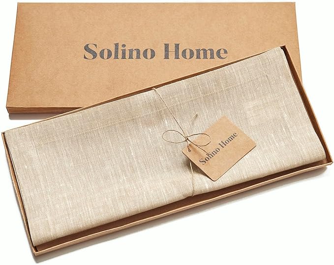 Solino Home Linen Short Table Runner 48 Inches - Athena, 100% Pure Linen Champagne Beige Table Runner 14 x 48 Inch Ideal for Dresser and Coffee Tables - Holiday, Christmas, New Year
