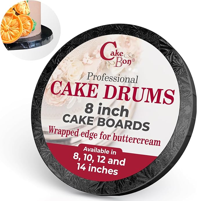 Cakebon Cake Boards - Sturdy 1/2 Thick Drums - 8 Inch Professional Fully Wrapped Edges Black 1-Pack
