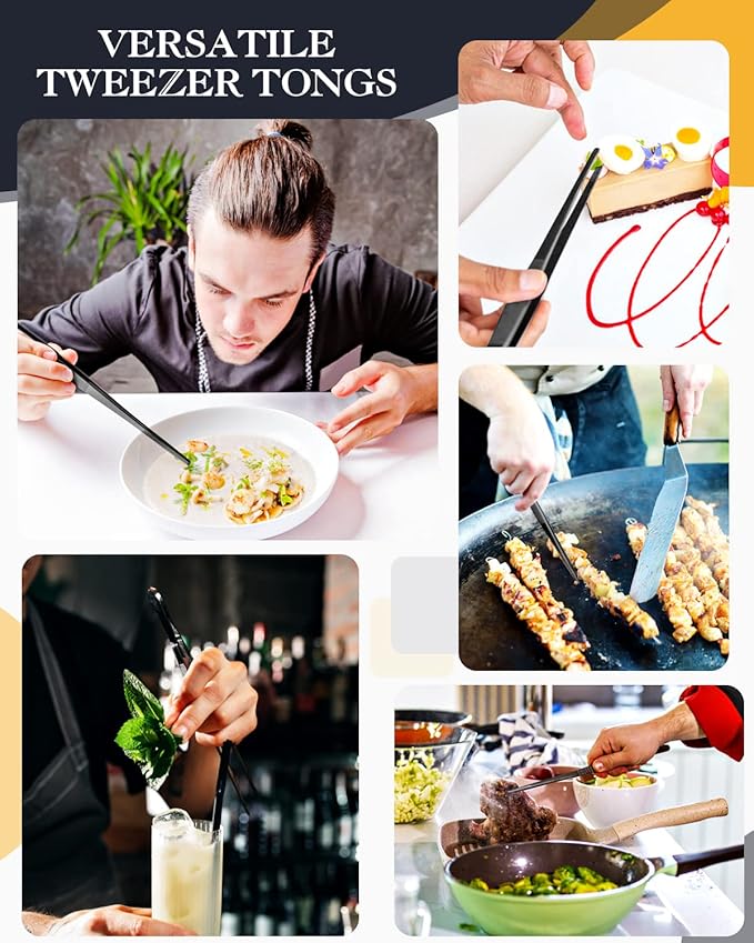 2 Pcs 10-inch Cooking Tweezers Tongs Precision Serrated Tips, Stainless Steel Professional Chef Tweezer Kitchen Tools for BBQ, Plating and Serving (Black)