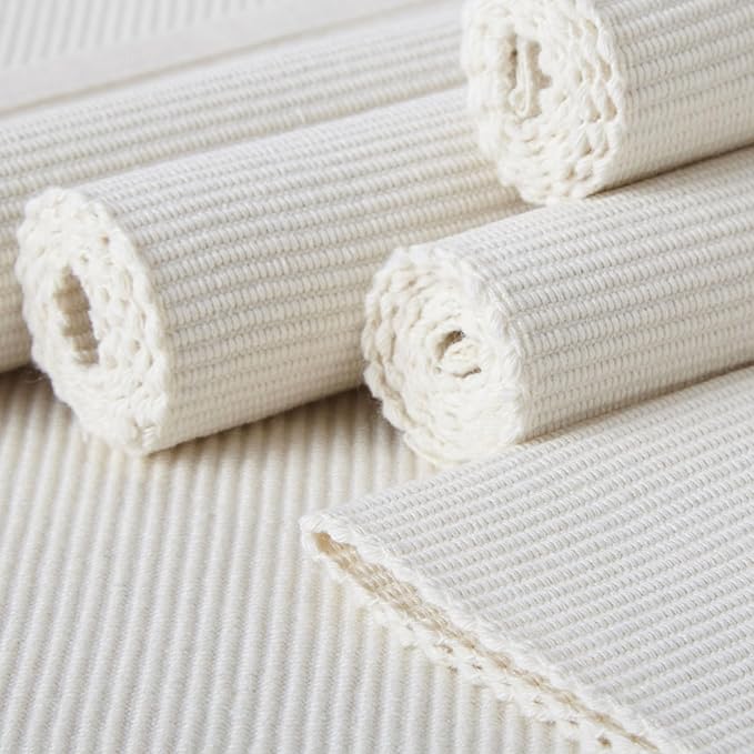 Encasa XO Dining Placemat Set of 6 | Solid Solid Off White Color | Fine Ribbed Cotton Table mat | Size 19x13 in |for Dining Table Fall Decoration, Holiday & Christmas Festivals - Machine Washable