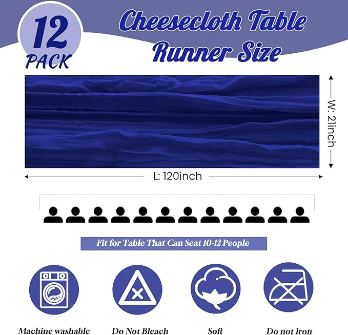 12 Pack Royal Blue Table Runner 10FT Cheesecloth Table Runner 21 x 120 inch Boho Gauze Cheese Cloth Table Runner Rustic Sheer Table Runner for Party Wedding Bridal Baby Shower Birthday Table Decor