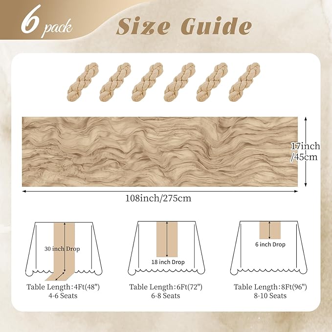 6 Pack Beige Cheesecloth Table Runner 17x108 Inch Semi Sheer Boho Gauze Cheese Cloth Fabric Table Runners, for Wedding Party Baby Shower Birthday Home Decor Garden Farmhouse