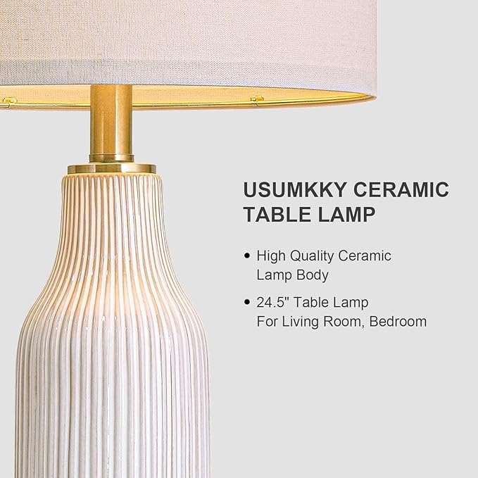 24.5" Modern 3-Way Dimmable Touch Control with USB A+C Ceramic Lamps Set of 2 Table Lamp for Living Room Bedroom Farmhouse Nightstand Bedside White