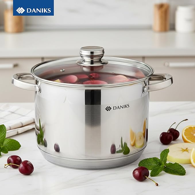 Daniks Standard 10 Quart Stainless Steel Stock Pot with Glass Lid, Try-Ply Bottom for Even Heating, Induction Compatible, Dishwasher Safe, Built-In Measuring Scale, Silver