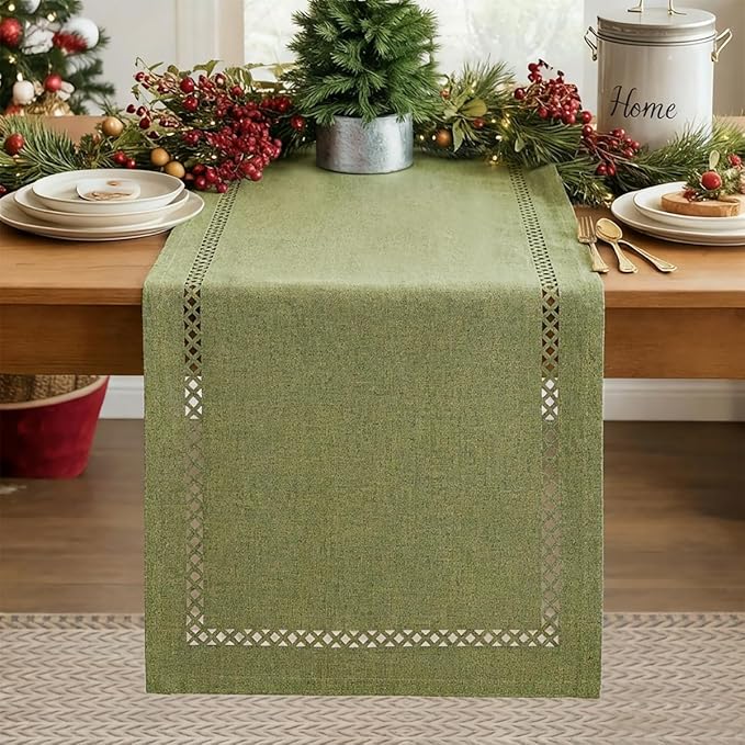 Burlap Style Farmhouse Table Runner, 13 x 72 Inch Sage Green, Rustic Geometric Hollow Table Runners 72 Inches Long for Dresser Table Everyday Use, 13x72 Inches, Sage Green