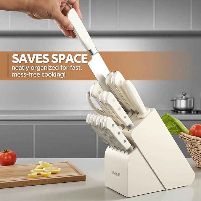 TIVOLI Knife Block Set, 15 PCS Kitchen Knife Set with Block & Honing Rod & Kitchen Scissor, High Carbon Stainless Steel Cutlery Knife Set, Ergonomic Wood Handle, Gifts For Cooks, Cream White