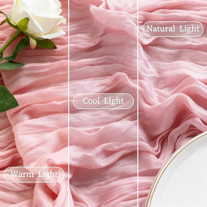 3 Pcs 35"×120" Light Pink Cheesecloth Table Runner, Cute Pleated Boho Gauze Rustic Sheer Translucent Runner, Table Decorations for Valentine Wedding Baby Shower Birthday Holiday Home Decor