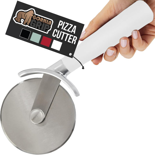 GORILLA GRIP BPA-Free Large Pizza Cutter Wheel, 9 Inch, Sharp Stainless Steel Blade, Slip Resistant Handle with Thumb Guard Protection, Slice Thick or Thin Pizzas, Pie, Pastries in Seconds, White