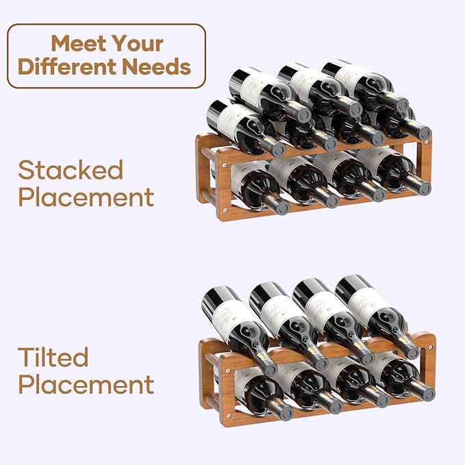 Wine Rack, 2 Tier 8 Bottle Wooden Wine Storage Cabinet Shelf, Adjustable in 2 Sizes Countertop Wine Holder, Easy-Assembly Freestanding Wine Organizer for Kitchen Pantry Dining Room Bar