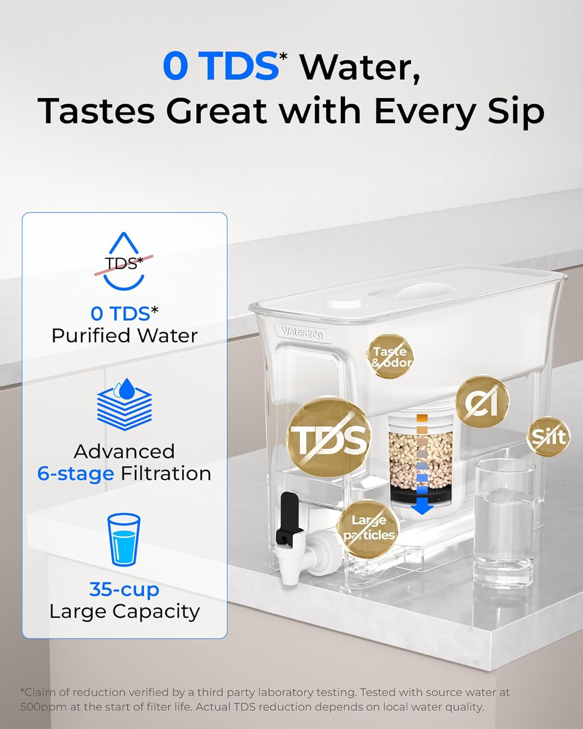 Waterdrop 0 TDS 35-Cup Slim Water Filter Dispenser, Large Capacity, Reduces TDS, Chlorine, PFOA/PFOS and More, BPA Free, White (with 1 Filter)
