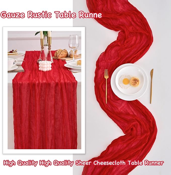10 Pack Red Table Runner 120 Inch Cheesecloth Table Runner 10FT Rustic Boho Gauze Table Runner Long Cheese Cloth Table Runner Semi Sheer Runners for Wedding Bridal Baby Shower Party